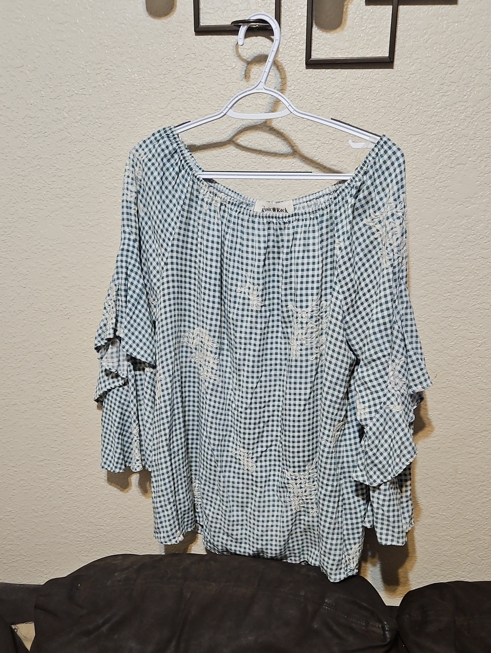 Teal Gingham Off-Shoulder Ruffle Sleeve Blouse with Embroidery